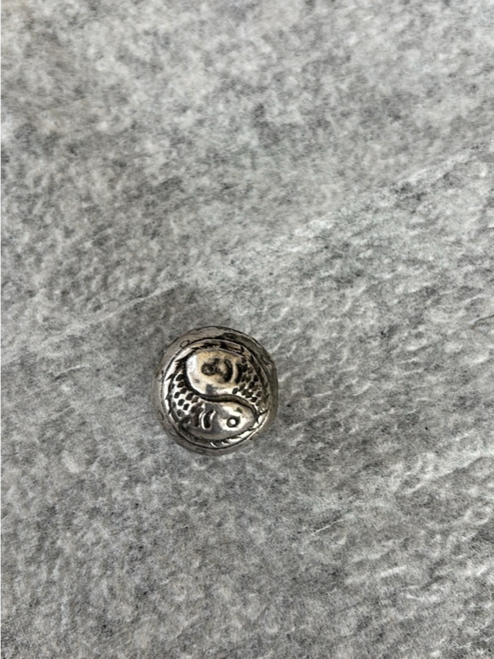 Antique Chinese Yin Yang Fish Silver Finish Repousse Hand Carved Bead Accent